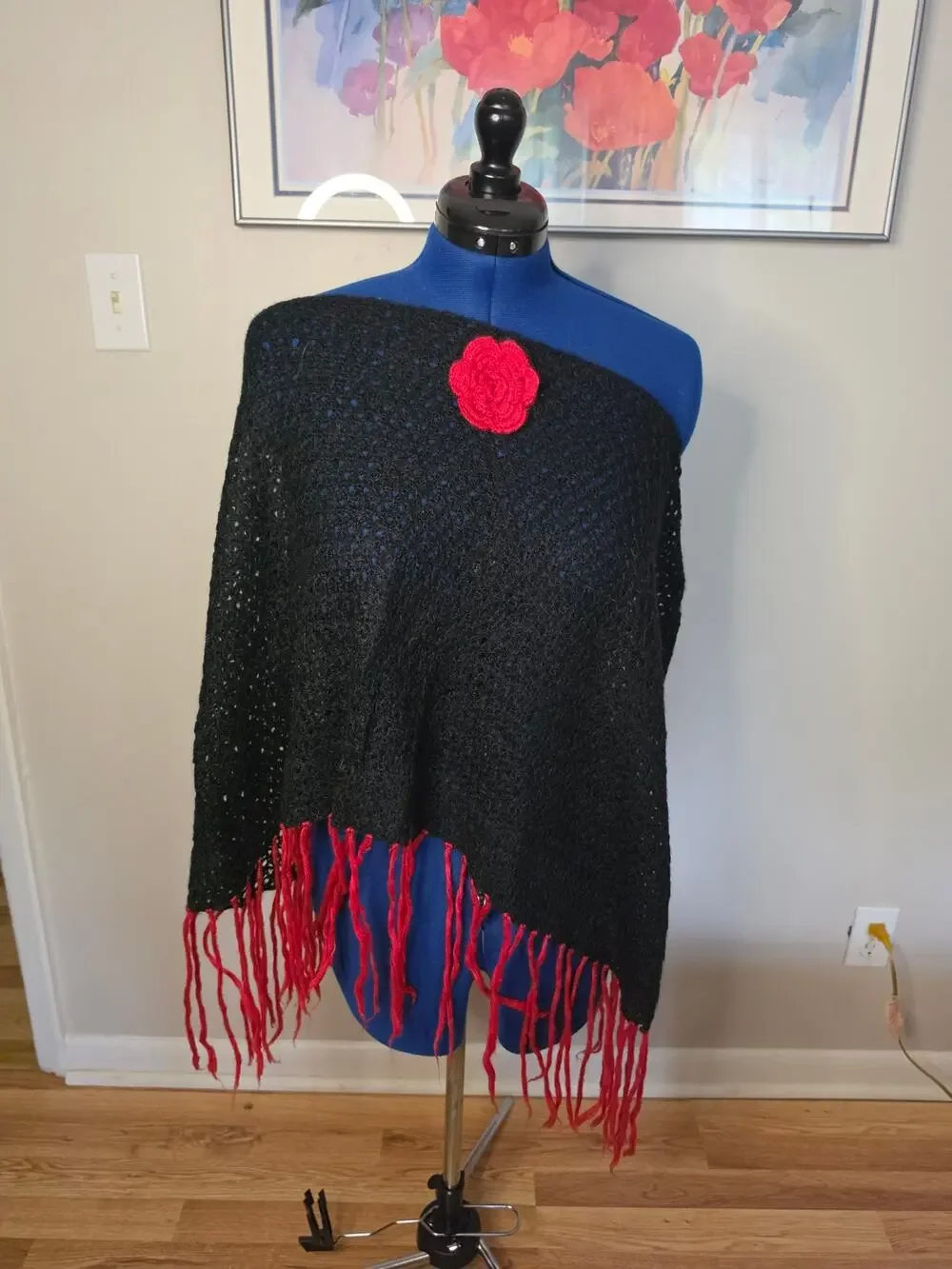 Mohair Blend Black Fringe Poncho Shawl Red Crochet Rose One Size Boho
